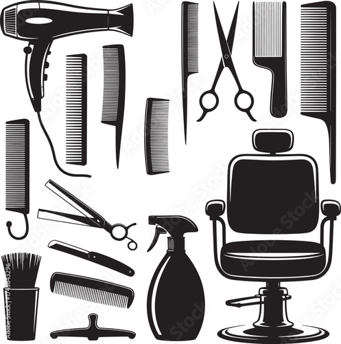 Black silhouette illustration of barber shop equipment and chair scissors