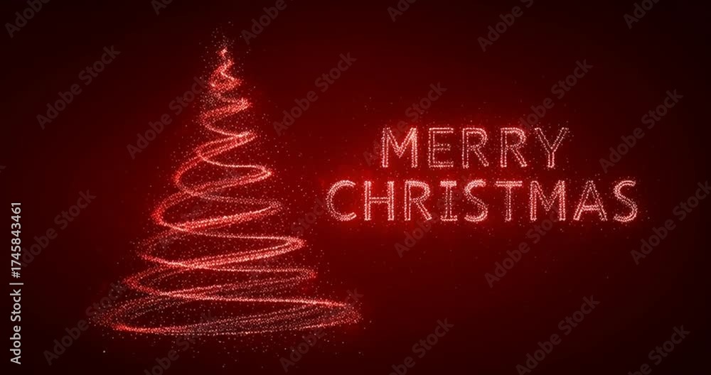 sparkling lights xmas tree Merry Christmas and Happy New Year greeting message in english on red background,snow flakes.Elegant animated holiday season social post digital card