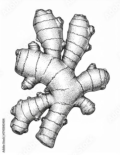 Detailed Black and White Illustration of a Fresh Ginger Root Rhizome on White Background
