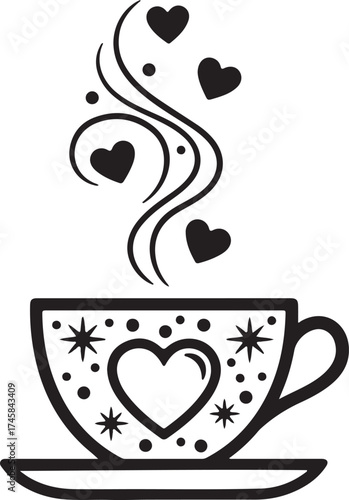 Charming teacup with heart decorations and whimsical steam swirls representing love and warmth cozy beverage.