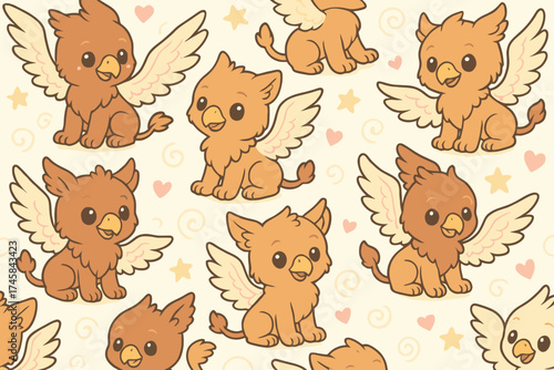 Adorable cartoon baby griffins with feathered wings in a playful repeating pattern