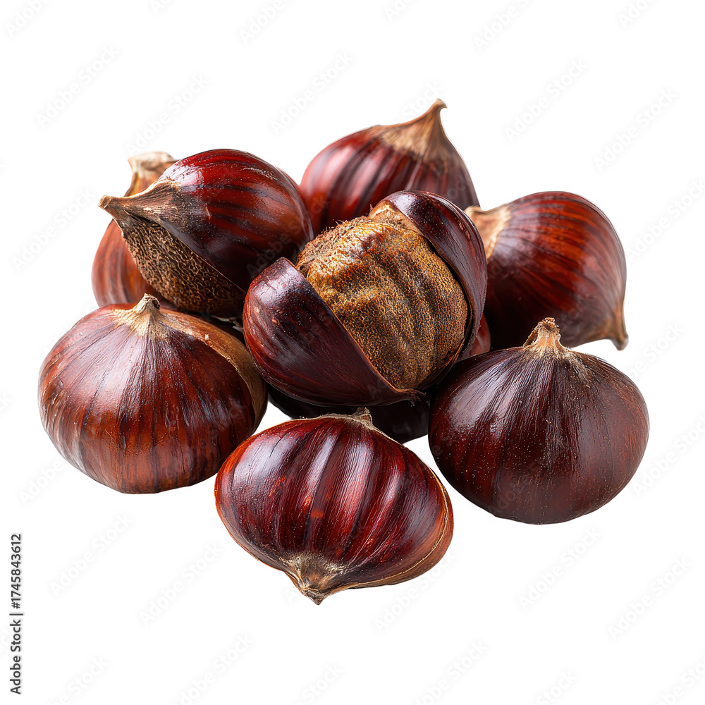 Obraz premium Delicious fresh chestnuts in a pile ontransparent background autumn harvest
