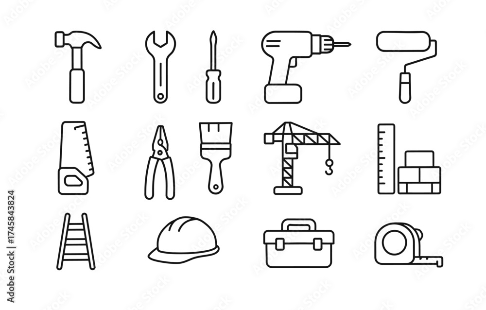 Fototapeta premium Construction and diy tools set: linear icon collection for home improvement projects.