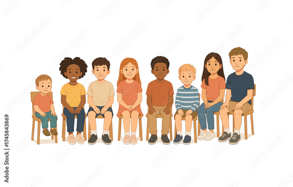 Obraz premium Diverse group of children sitting on chairs smiling in diverse cartoon style
