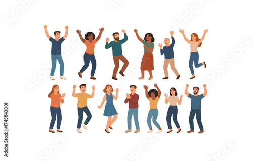 Diverse group of enthusiastic people celebrating together on white background