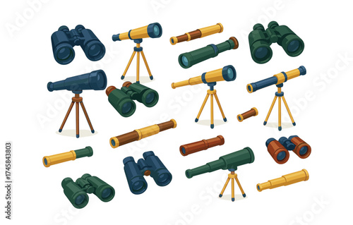 Collection of colorful telescopes and binoculars in various angles on white background