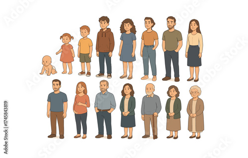 Diverse family generations in flat design style showcasing various ages and outfits