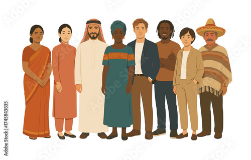 Diverse group of people in traditional and modern attire standing together