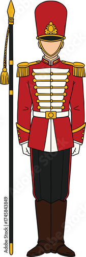 Ceremonial guard illustration, red uniform, gold epaulettes, military parade attire, traditional costume, formal staff, cultural heritage, vector art, detailed design