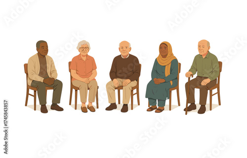Diverse group of elderly people sitting on chairs in a community meeting