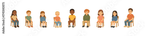 Diverse group of kids sitting on chairs in a row