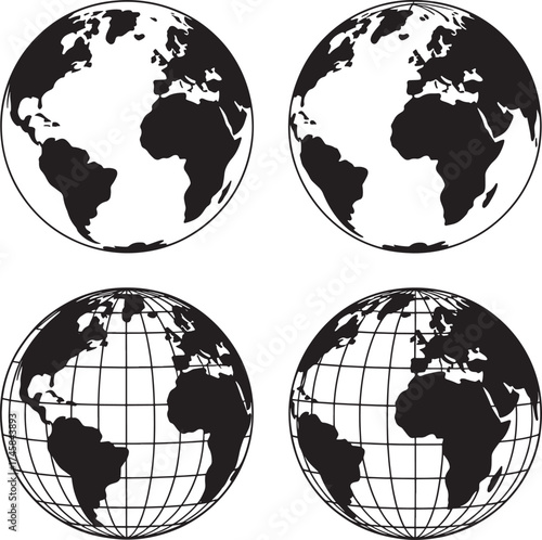 Four black and white illustrations of the Earth globe showing continents world planet