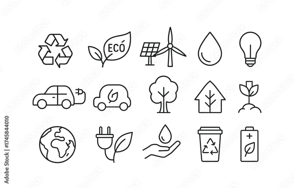 Fototapeta premium Eco-friendly icons representing sustainability, renewable energy, and conservation in linear style