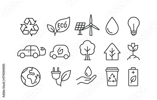 Eco-friendly icons representing sustainability, renewable energy, and conservation in linear style