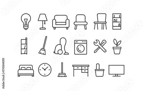 Minimalist home icon set featuring furniture, appliances, and tools in linear style