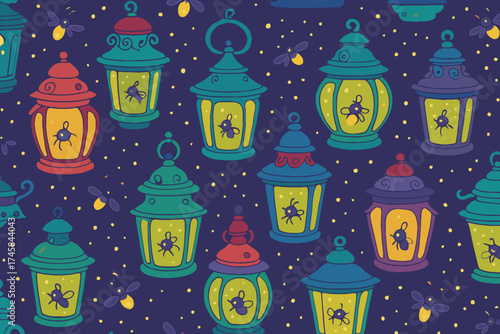 Colorful vintage lanterns glowing with warm light against a dark starry night sky