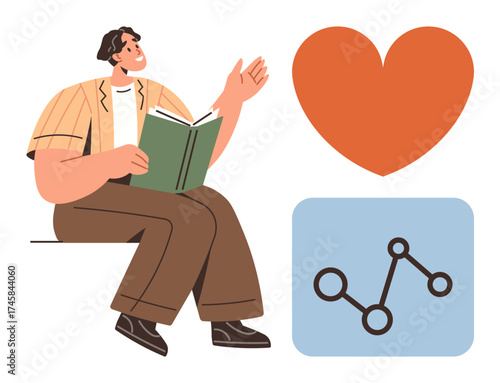 Man sits holding a book, gesturing thoughtfully near a heart and a graph, blending learning, emotion, and progress. Ideal for education, self-improvement, personal growth, data analytics