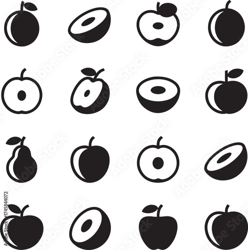 Grid of black and white fruit icons including apples and pears plum