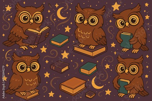 Charming cartoon owls reading books under a starry night sky with crescent moons
