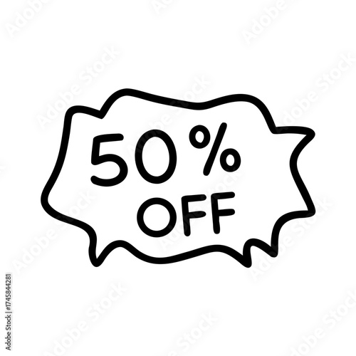 Promotional sale sign featuring bold text stating 50% off, designed with vibrant colors and dynamic shapes, conveying excitement and urgency for shoppers seeking discounts