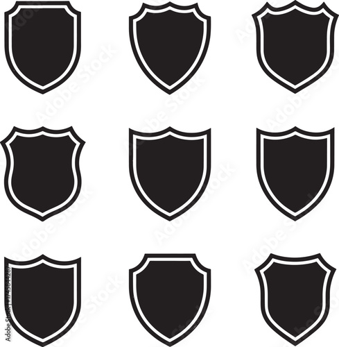 Nine Black Shield Icons With White Outline On White Background symbol badge