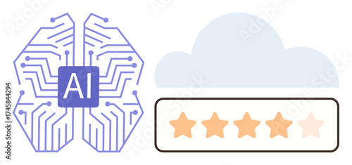AI neural network node graphic connected to cloud computing and star rating. Ideal for artificial intelligence, online feedback, cloud integration, digital innovation, performance review, tech