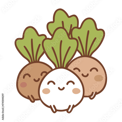 Cute cartoon illustration of three smiling radishes with green leaves, showcasing their cheerful expressions and playful character in a whimsical style