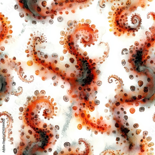 A pattern of octopus tentacles with a splash of red and black. The tentacles are curled and twisted, creating a sense of movement and energy. The red and black colors add a bold