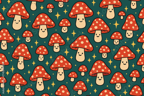 Whimsical cartoon mushroom pattern with sparkles on dark teal background