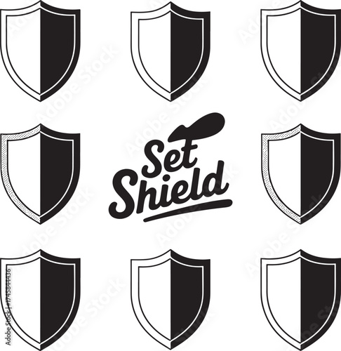 Nine Shield Icons With Black And White Halves And Dotted Borders symbol badge