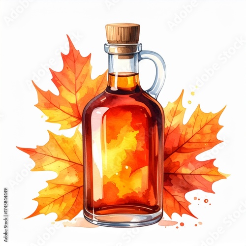 Golden Maple Syrup Glass Bottle with Autumn Leaves Watercolor Style