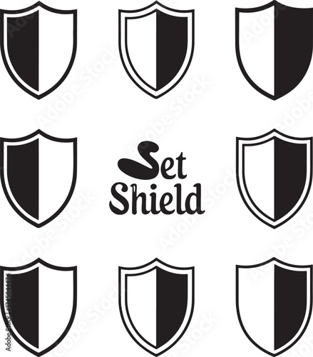 Nine Shield Icons With Black And White Halves And Set Shield Text symbol badge