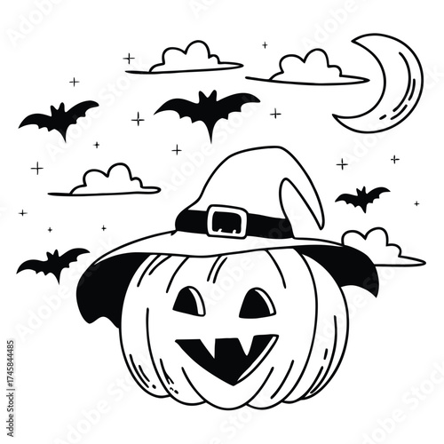 Spooky Halloween pumpkin with witch hat and flying bats under a crescent moon and starry sky