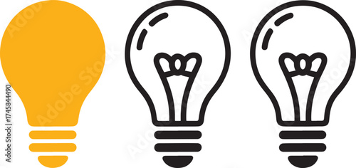 One yellow light bulb and two black outline light bulbs on white background Keywords: light bulb