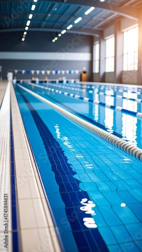 Indoor swimming pool with multiple lanes, clean water