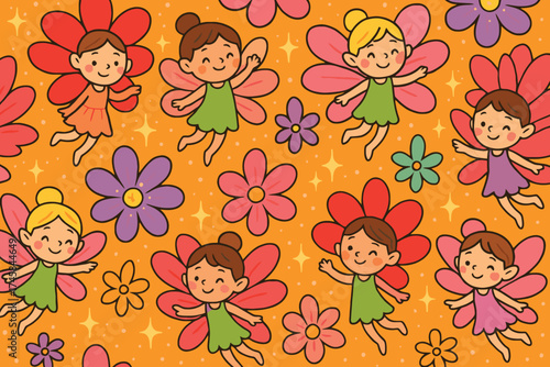 Charming cartoon fairies with colorful wings and flower petals dancing joyfully on a vibrant orange background