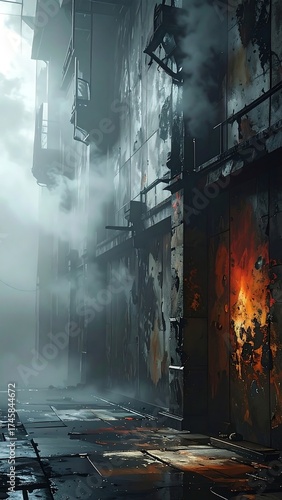 Industrial city alleyway scene, dark and atmospheric