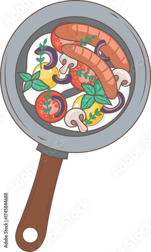frying pan with sausages