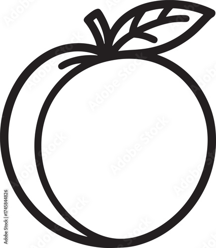 Single Outline Icon of a Peach with Stem and Leaves fruit