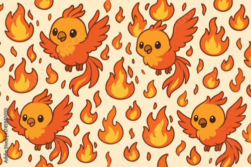 Cute kawaii baby phoenix birds flying amongst stylized flames seamless pattern