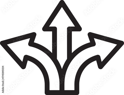 Three arrows diverging from a central point on white background direction choice