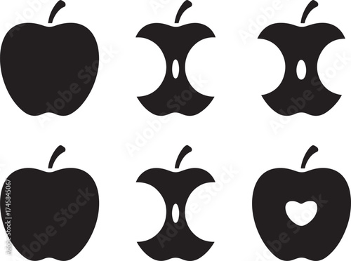 Three whole apples and three apple cores in black silhouette fruit food