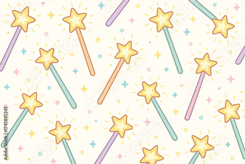 Whimsical hand drawn pastel magic wands with sparkling stars on a soft patterned background