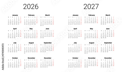 Set of 2026, 2027 calendar start from Monday. English UK Vector template. Full months for wall calendar. isolated background