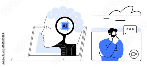 Digital brain with AI chip emerging from a laptop alongside a person in a video call setting. Ideal for AI, virtual communication, digital interaction, online meetings, technology, innovation, simple