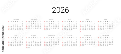English 2026 calendar start from Sunday. Vector illustration design template for USA, Canada. Year at a glance calendar 2026. Full 12 months for wall calendar, isolated wall background