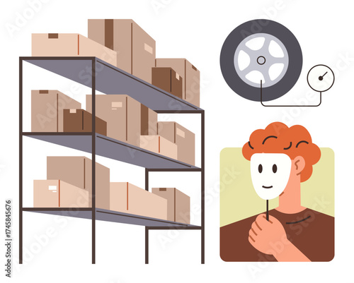 Metal shelves stacked with cardboard boxes, tire with pressure gauge, and individual hiding identity with mask. Ideal for logistics, warehouse, shipping, disguise, auto maintenance, secrecy supply