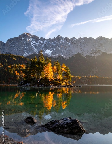 Serene alpine lake at dawn, autumn colors