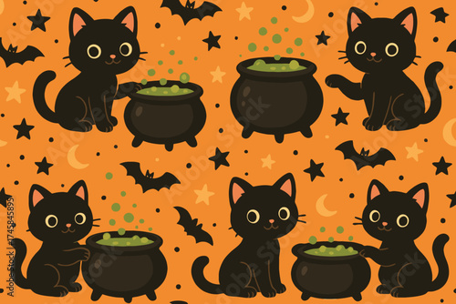 Cute black cats and bubbling cauldrons on a festive halloween orange background with bats and stars