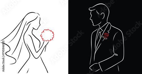 Minimal line art bride and groom illustration with red accents